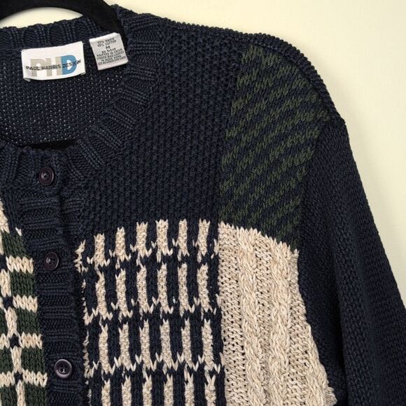 Vintage Paul Harris Design Patchwork Knit Cardigan Sweater Navy Size M - Picture 5 of 11